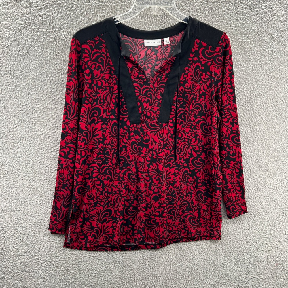 Susan Graver Womens Liquid Knit Tunic Top Red Black Large Baroque Print